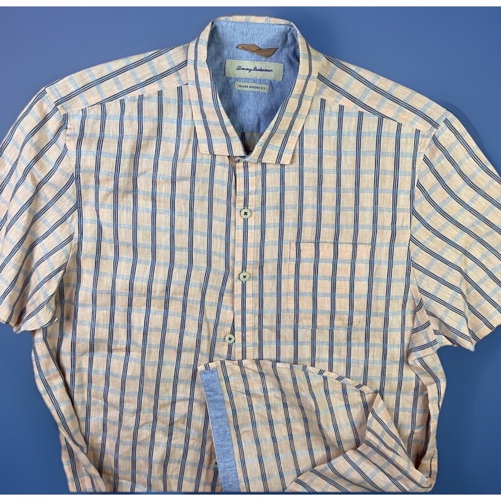 Tommy Bahama Island Modern Fit Shirt Mens XL Plaid Linen Cotton Short Sleeve Top